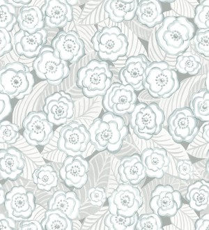 Papel pintado de flores color celeste sobre fondo gris Helen Flowers 680623