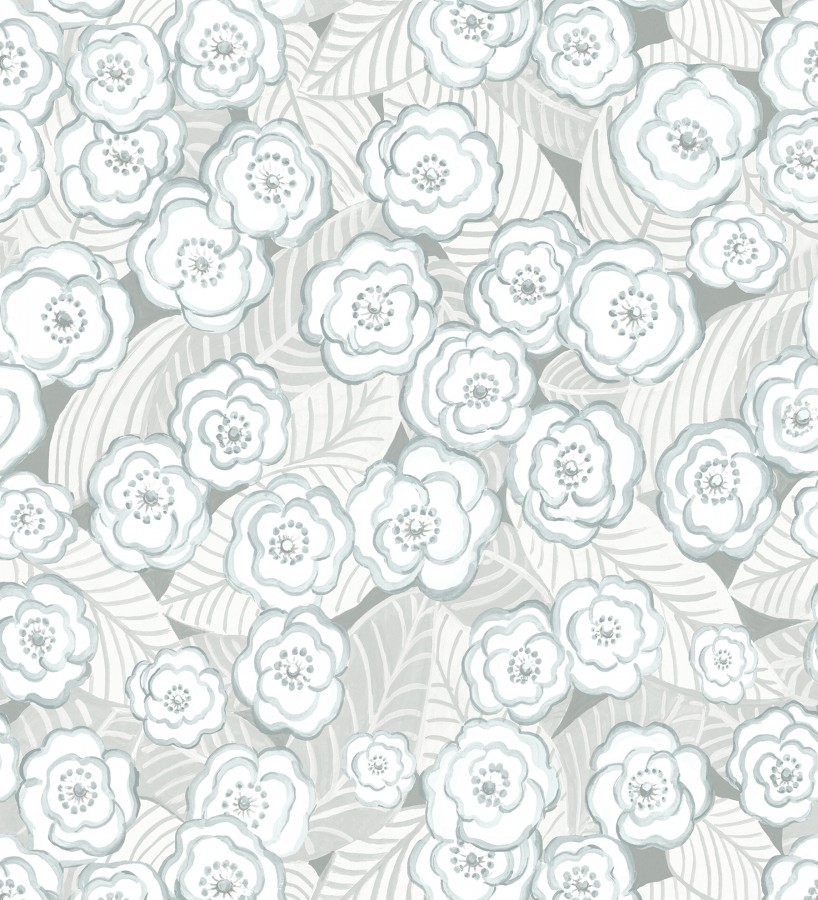 Papel pintado de flores color celeste sobre fondo gris - Helen Flowers  680623