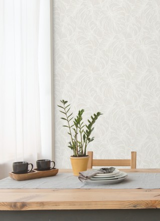 Papel pintado silueta hojas grandes de monstera en terciopelo blanco Palm River 680880