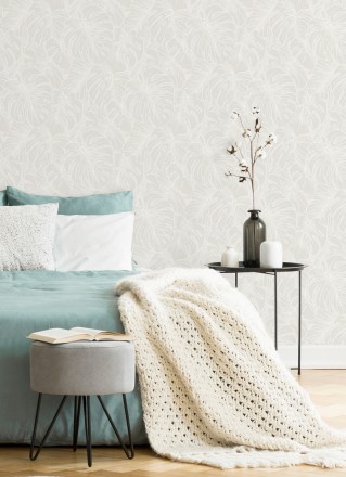 Papel pintado silueta hojas grandes de monstera en terciopelo blanco Palm River 680880