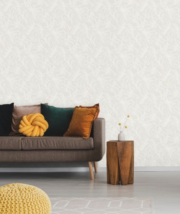Papel pintado silueta hojas grandes de monstera en terciopelo blanco Palm River 680880