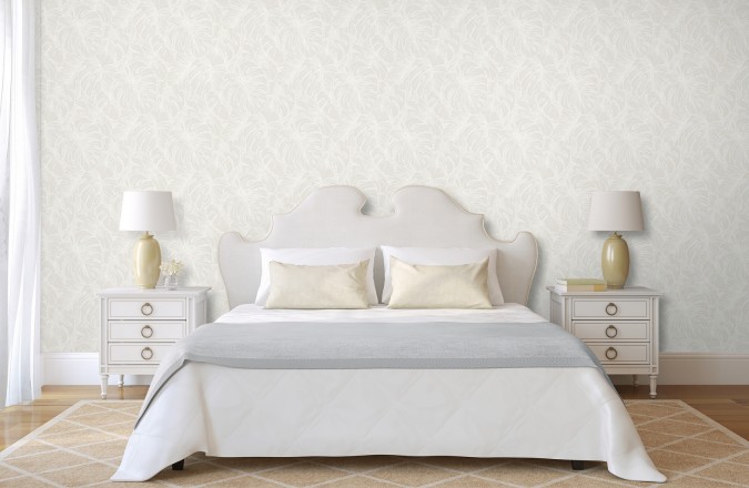 Papel pintado silueta hojas grandes de monstera en terciopelo blanco Palm River 680880