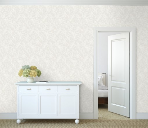 Papel pintado silueta hojas grandes de monstera en terciopelo blanco Palm River 680880