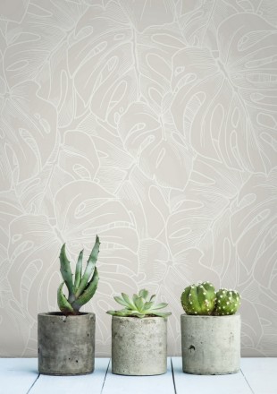 Papel pintado silueta hojas grandes de monstera en terciopelo blanco Palm River 680880
