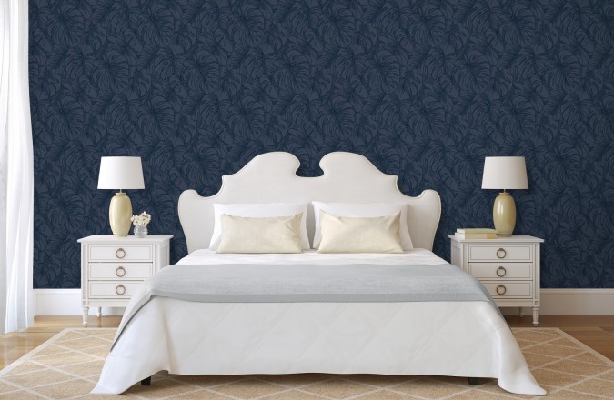Papel pintado silueta hojas grandes de monstera en terciopelo azul Palm River 680882