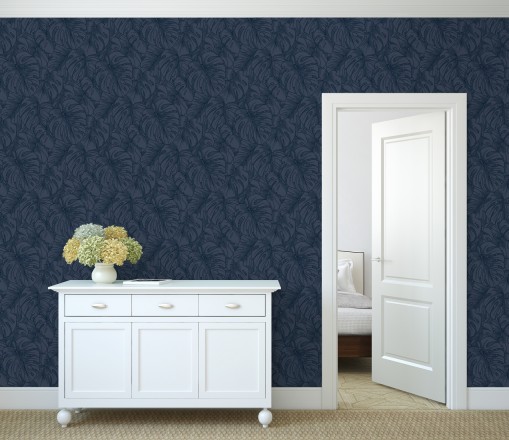 Papel pintado silueta hojas grandes de monstera en terciopelo azul Palm River 680882