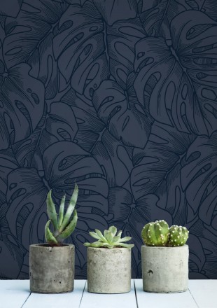 Papel pintado silueta hojas grandes de monstera en terciopelo azul Palm River 680882
