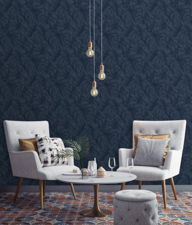 Papel pintado silueta hojas grandes de monstera en terciopelo azul Palm River 680882