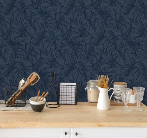 Papel pintado silueta hojas grandes de monstera en terciopelo azul Palm River 680882