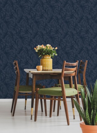 Papel pintado silueta hojas grandes de monstera en terciopelo azul Palm River 680882