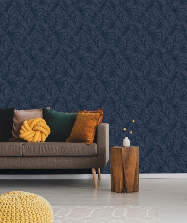 Papel pintado silueta hojas grandes de monstera en terciopelo azul Palm River 680882