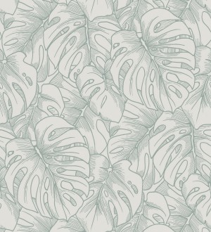 Papel pintado silueta hojas grandes de monstera en terciopelo verde Palm River 680883