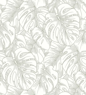 Papel pintado silueta hojas grandes de monstera con pintura de plata Palm River 680884