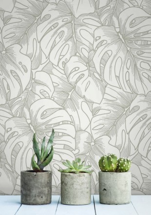 Papel pintado silueta hojas grandes de monstera con pintura de plata Palm River 680884