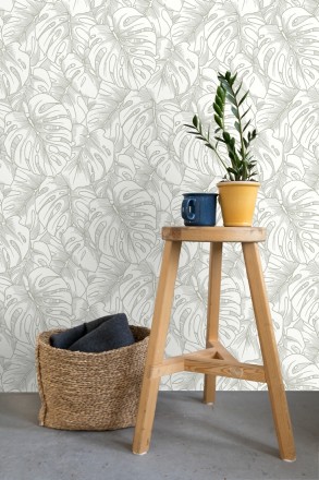 Papel pintado silueta hojas grandes de monstera con pintura de plata Palm River 680884