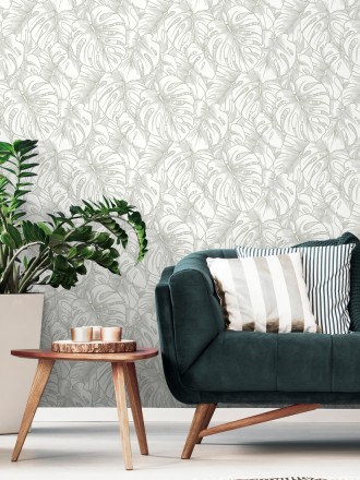Papel pintado silueta hojas grandes de monstera con pintura de plata Palm River 680884