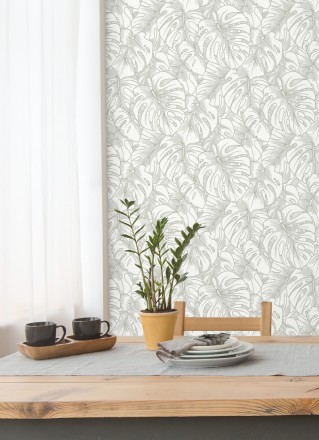 Papel pintado silueta hojas grandes de monstera con pintura de plata Palm River 680884
