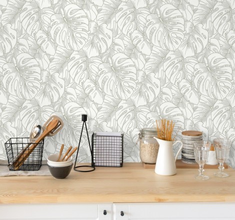 Papel pintado silueta hojas grandes de monstera con pintura de plata Palm River 680884