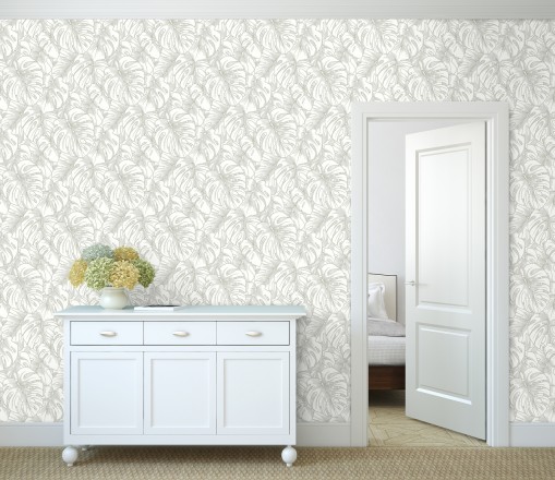Papel pintado silueta hojas grandes de monstera con pintura de plata Palm River 680884