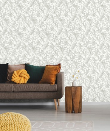 Papel pintado silueta hojas grandes de monstera con pintura de plata Palm River 680884