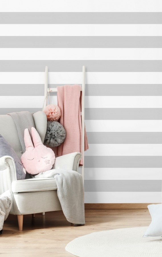 Papel pintado infantil de rayas horizontales grises y blancas Raya Piccolo FL 680218