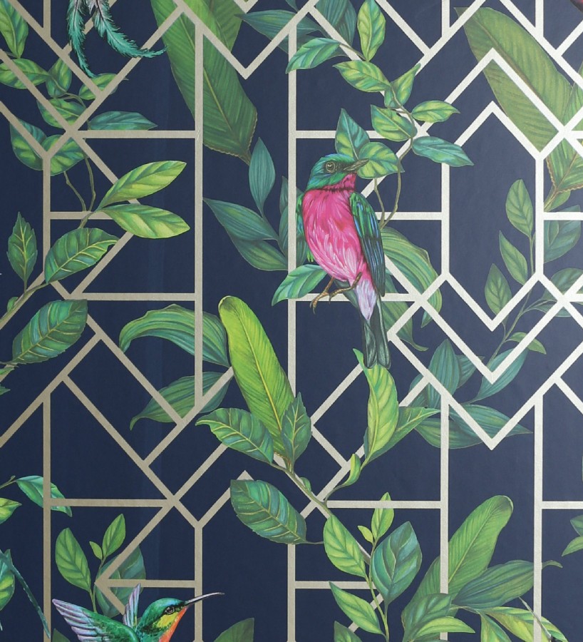 Papel pintado loros y hojas sobre celosía estilo tropical Jungle Mirror 126316