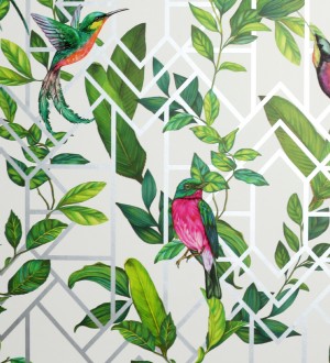 Papel pintado loros y hojas sobre celosía estilo tropical Jungle Mirror 126317