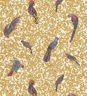 Papel pintado loros sobre volutas doradas Vatican Parrots 126352