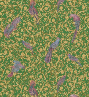 Papel pintado loros sobre volutas doradas Vatican Parrots 126353