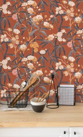 Papel pintado de hojas con flores y frutos Kendra Bloom 126390