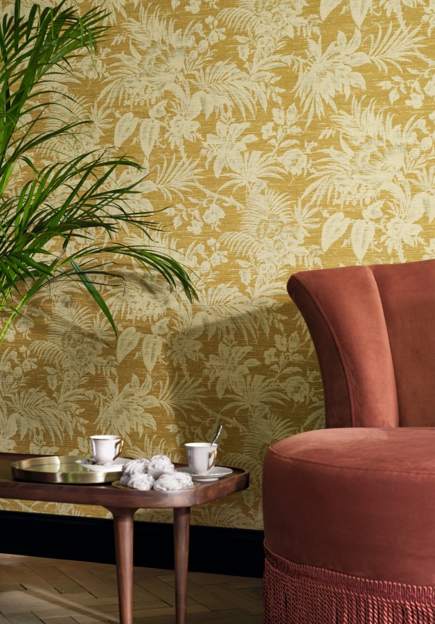 Papel pintado imitación tapiz de hojas fondo mostaza  Calton Forest 126418