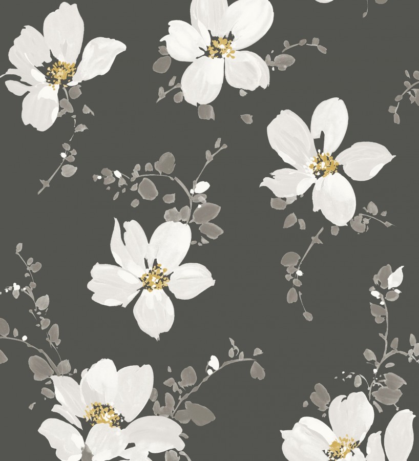Papel pintado flores blancas grandes fondo negro Ivory Flowers 126463