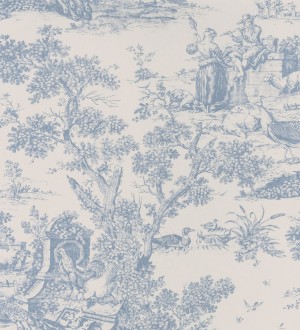 Papel pintado toile de jouy estilo romántico tonos azules Clermont 126489