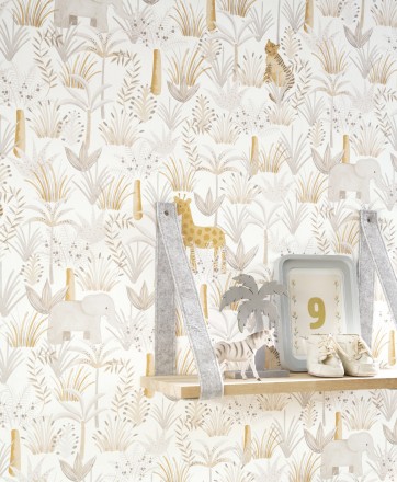 Papel pintado infantil elefantes, tigres y jirafas en la vegetación Little Zoo 126628