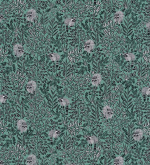 Papel pintado de mapaches y hojas fondo verde Raccoon Forest 126778