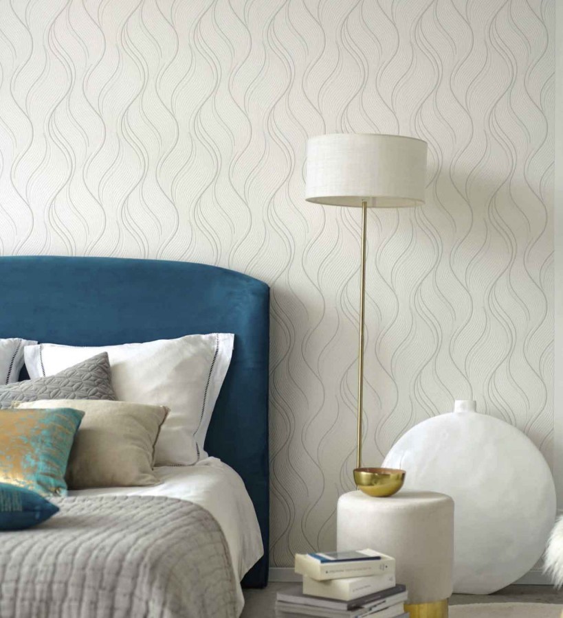 Papel pintado geométrico de ondas blanco  Spinel 127114