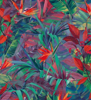 Papel pintado hojas tropicales turquesa y rojo Panamá 127211