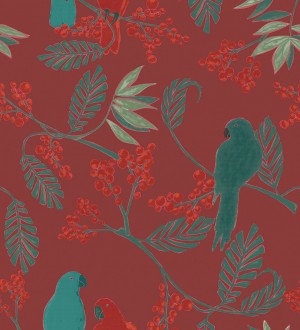 Papel pintado loros fondo rojo pasión Myoko Botanic 127224