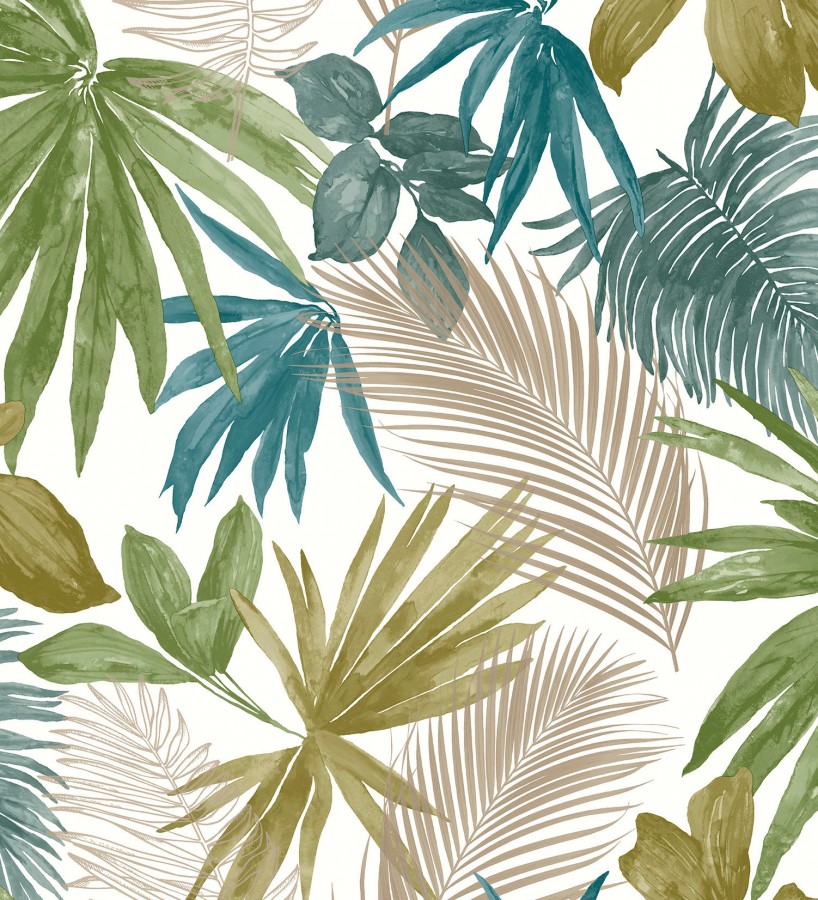 Papel pintado hojas tropicales verde y turquesa Kalua 127229