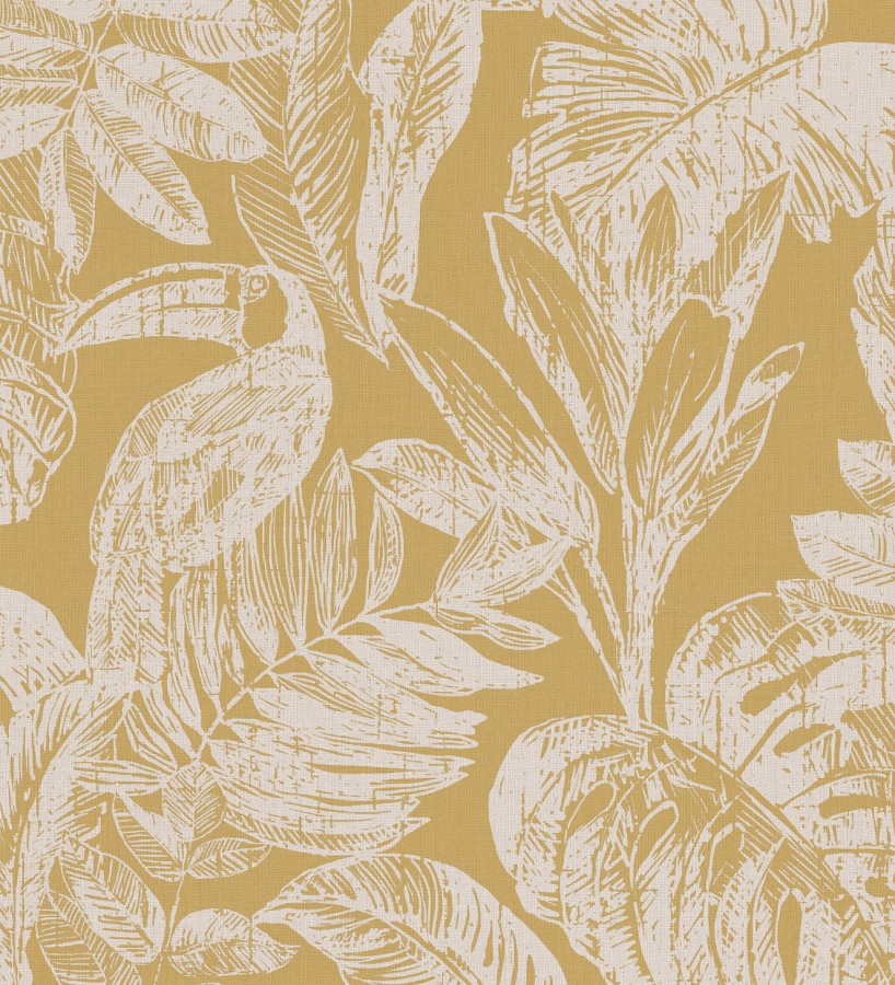 Papel pintado tucán y hojas tropicales ocre Toucan Jungle 127335