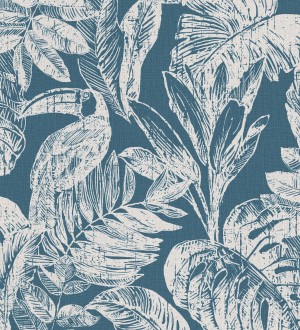 Papel pintado tucán y hojas tropicales azul Toucan Jungle 127337