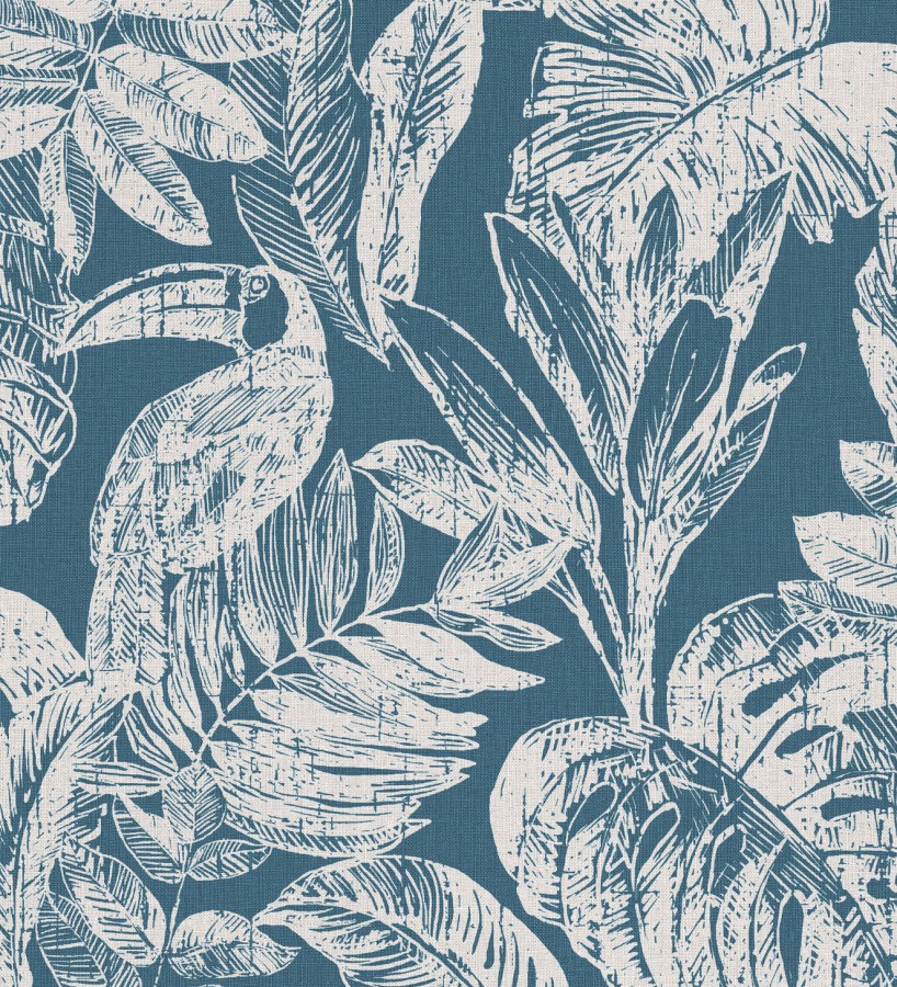 Papel pintado tucán y hojas tropicales azul Toucan Jungle 127337