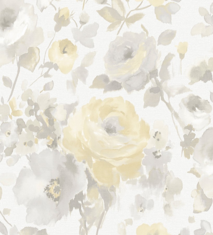 Papel pintado flores grandes estilo romántico tonos amarillos y grises Country Rose 127401