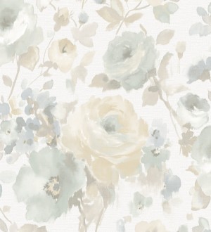 Papel pintado flores grandes estilo romántico tono azulados y beige Country Rose 127402