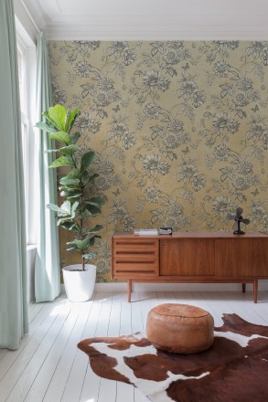Papel pintado flores en rama fondo ocre Valentina 127429