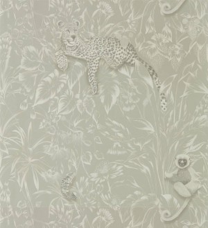 Papel pintado leopardos y monos sobre hojas tonos claros Mugamba Jungle 127469