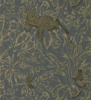 Papel pintado leopardos y monos sobre hojas tonos oscuros Mugamba Jungle 127470