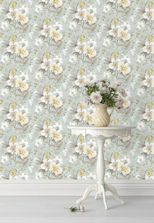Papel pintado flores fondo verde pálido Adele Garden 127536
