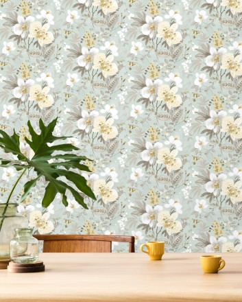 Papel pintado flores fondo verde pálido Adele Garden 127536