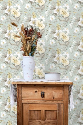 Papel pintado flores fondo verde pálido Adele Garden 127536